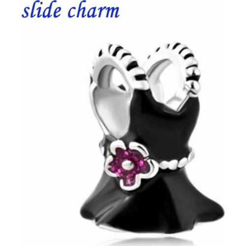 Slide charm Free shipping Mothers Day gift mothers black dress charm beads fit Pandora bracelet