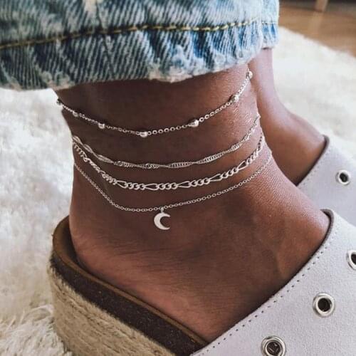 Docona Metal Chain Moon Beads Pendant Mutilayer Anklet Set For Women Summer Beach Geometric Foot Jewelry 3943