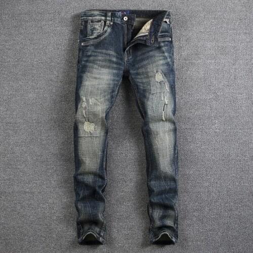 European Vintage Fashion Men Jeans Retro Black Blue Elastic Slim Fit Ripped Jeans Men Embroidery Designer Distressed Denim Pants