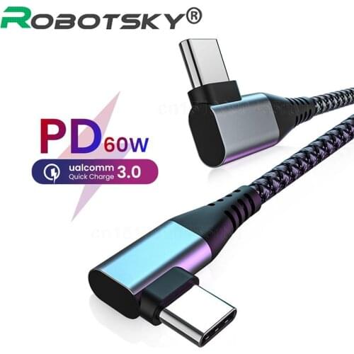 USB Type C To Type C Elbow Cable PD 60W 90 Degree Quick Charger Mobile Phone Fast Charging Cord For Macbook Pro Samsung S10 S20