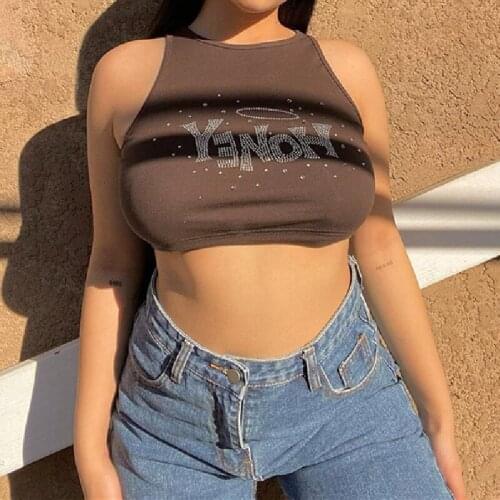 Fashion Rhinestone Letter Printed Tank Tops Female Shimmer Cropped Tops Sleeveless O-Neck Slim Casual Wild Base Vest Harajuku