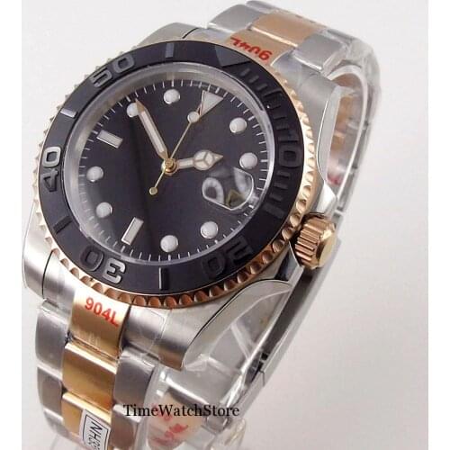 Rose Gold Mens Watch Genuine NH35 Miyota 8215 Automatic Movement Sapphire Glass Black Dial Date Cyclops 904L Two Tone Bracelet