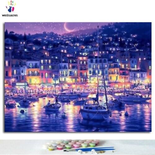 Blue water city night DIY digital painting by number color by number, unique gift drawn for kids by number painting kit