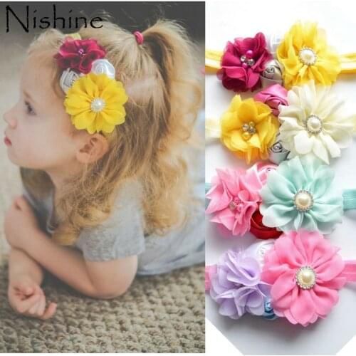 NISHINE New Baby Girl Headband Fabric Rose Flower Pearl Rhinestone Elastic Headbands Chiffon Flower Children Hair Accessories