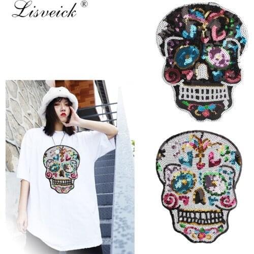 New large sequins skull patch DIY clothes patches for clothing Sew-on embroidered motif applique deal with military punk K323