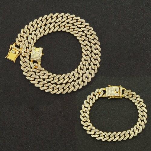 Prong Necklace Baguette Bracelet Hip Hop12MM Prong Cuban Chain Iced Out Paved Pink Rhinestones CZ Chain For Men Women Jewelry