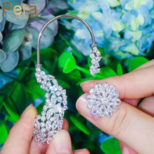 Pera Exaggerated Shiny White CZ Zircon Unique Big Snowflake Flower Stud Earrings Long Bone Clip Party Earring for Women E590