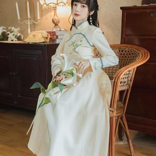 Embroidery Retro Chinese Dress Cheongsam Hanfu Women Traditional Robe Orientale Autumn Long Eleganti Vestido Chino Mujer Qipao