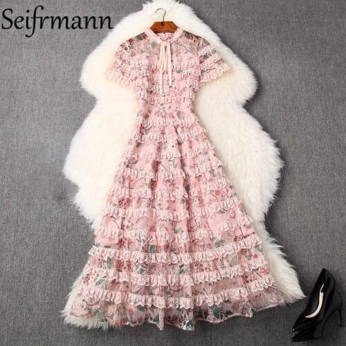 Seifrmann New 2021 Summer Women Fashion Designer Party Cake Dress Short Sleeve Lace High Waist Print Ladies A-Line Long Dresses