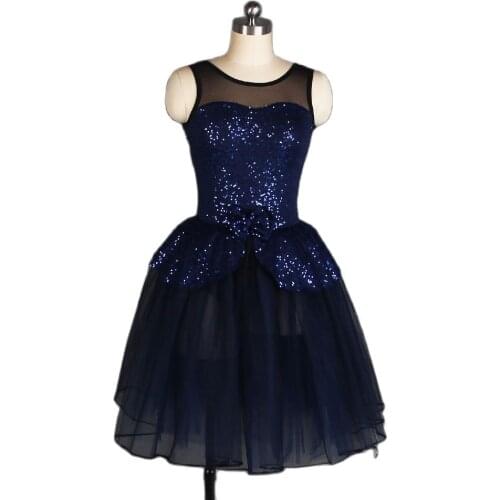 Sequin Mesh Bodice Lyrical & Contemporary Dress Navy Blue Dancewear Adult & Child Stage Show Costume Ballerina Performance Dress