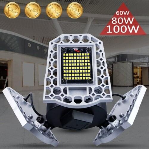 60/80/100W LED Garage Light Deformation Light Control Sensor Adjustable Angle Ceiling Lamp for Workshop Soccer Field Lights