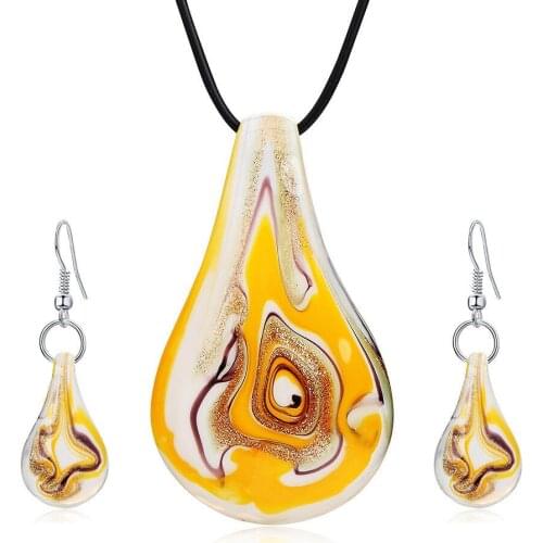 Vintage Women Flat Water Drop Shape Colored Vortex Glass Pendant Necklace Jewelry Presents 3 Color
