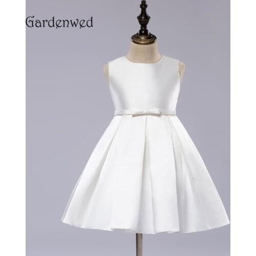High Quality Mikado Plain Design Flower Girl Dress Baby Girl Dress 2019 Ball Gown Tiny Bow Sash Knee Length Baby Party Dress