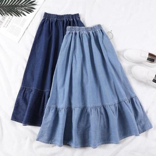 Plus Size Women Korean Denim Skirt 2019 New Summer Solid Wild Joker A-line Medium Long Skirts Female Casual High Waisted Skirts