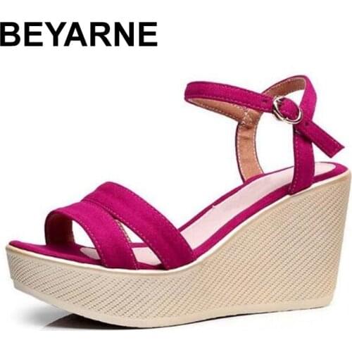 BEYARNE size 33-43 women wedge sandals summer shoes 2019 ankle buckle platform sandals women high heels office shoe