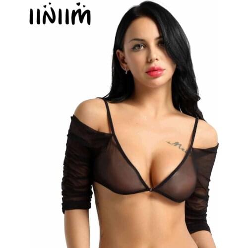 US STOCK Womens Lingerie Sheer Mesh See-through Sexy Tops Shoulder Half Sleeve V Slip-on T-Shirts Tops for Ladies Party Costume