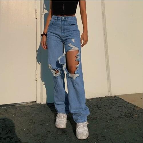 2021 Summer New Ladies Ripped High-waist Washed Distressed Jeans Personality Loose and Thin Fashion Womens Denim Trousers WS74