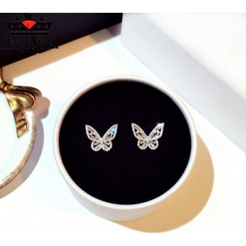 New full diamond butterfly earrings female temperament Korean personality simple wild net red earrings 925 silver earrings