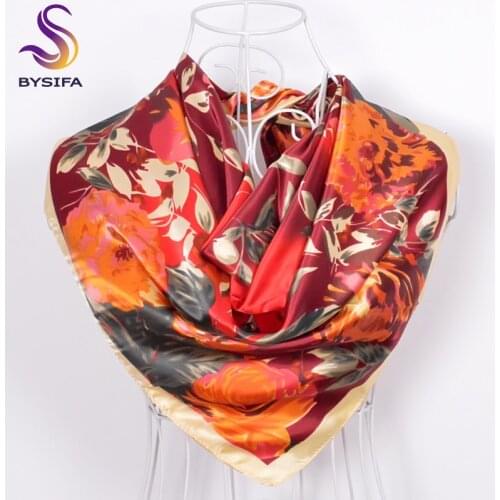 [BYSIFA] China Style Satin Scarves Printed 2016 Fashion Women Accessories Elegant Roses Large Square Silk Scarf Hijab 90*90CM
