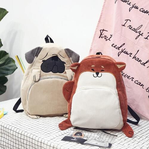Women Backpack Schoolbag Canvas Cute Dog Fox Ear Embroidery Corduroy Backpack Female Vintage Notebook Backpack For Girls