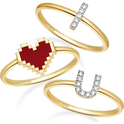 Fashion Romantic 925 Sterling Silver Gold Color I Love U Initial Letter Heart Finger Ring Micro Cubic Zirconia for Women