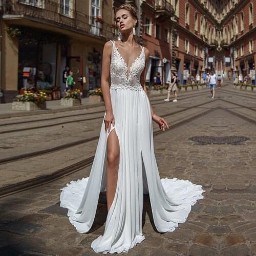Eightree Boho Wedding Dress Appliques Lace Scoop Backless Side Split Latest Wedding Gowns Chiffon Bride Dresses vestido de noiva