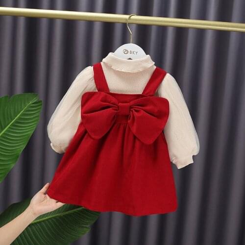 Winter Baby girl cute puff sleeve Shirt + big bow strap corduroy Dress princess dress 2pcs suit Kids
