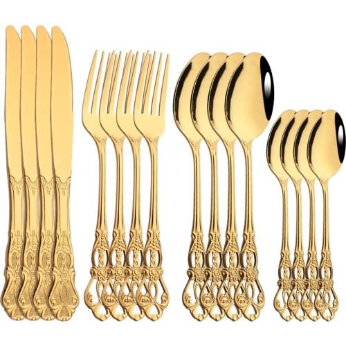16Pcs/4Set Royal Gold Flatware Mirror Polish Stainless Steel Dinnerware Knife Fork Spoon For Wedding Housewarming Event Party