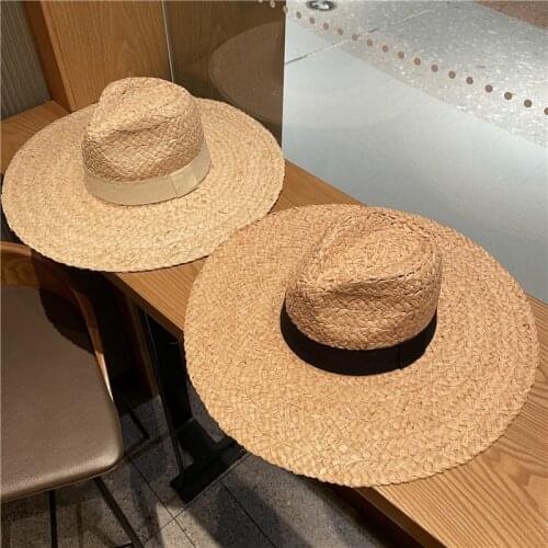 202104-2509100 new summer Handmade raffia grass big brim fedoras cap men women panama jazz hat