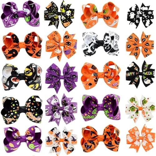 24pcs/set Boutique Ribbon Halloween Hair Bow Clips Pinwheel Pumpkin Gothic Hairpins Headwear Girls Hair Accessories