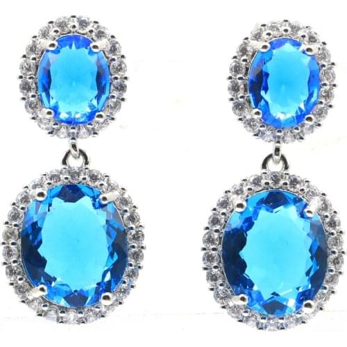 35x16mm SheCrown Delicate Fine Cut Created Paris Blue Topaz Purple Spinel CZ For Ladies Birthday Gift Daily Wear Silver Earrings