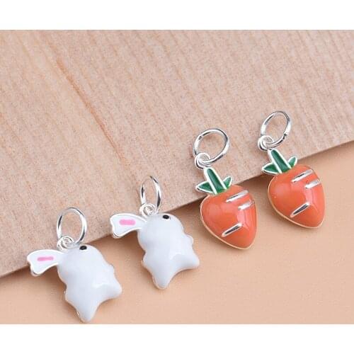 S925 sterling silver Dripping Glue accessories, cute little rabbit radish pendant, pendant necklace bracelet DIY accessories