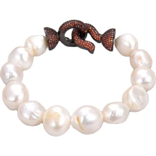 JK 8'' White Baroque Pearl Bracelet Orange CZ Clasp