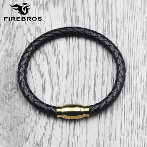 FIREBROS Gold Color 316L Stainless Steel Magnetic Buckle Black Real Braided Leather Bracelet Men Women Jewelry Gift Droshipping