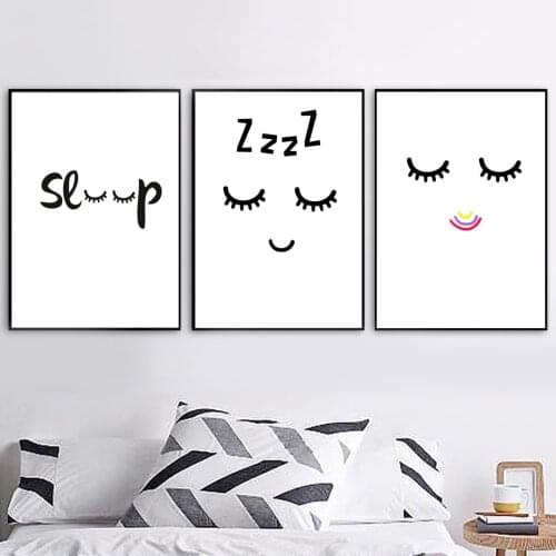 Black White Cartoon Eye Face Quotes Sleep Wall Art Canvas Painting Nordic Posters And Prints Wall Pictures Baby Kids Room Decor