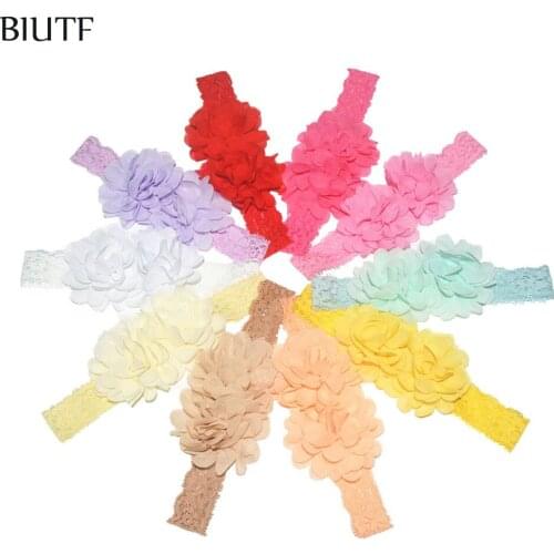 30pcs/lot Bulk Price Elastic Lace Headband with Double Chiffon Fabric Flower Kids Baptism Headwear 25 Colors for Choose FD255