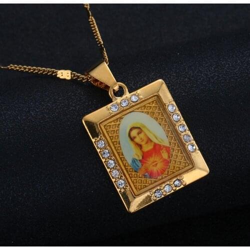 Enamel Blessed Mother Cameo Virgin Mary Pendant Necklace Gold Color Catholic Christian Jewelry