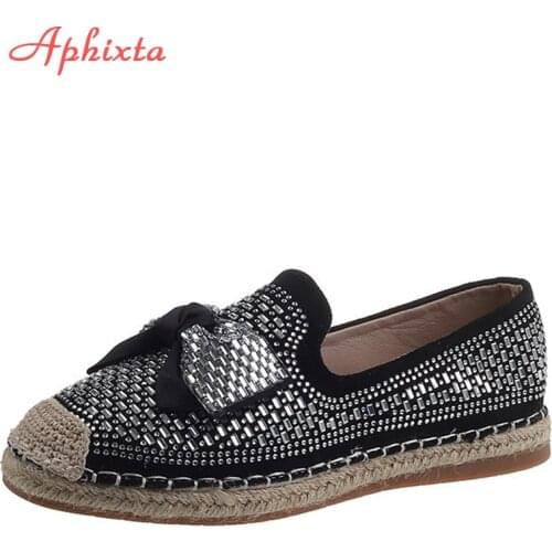 Aphixta Glitter Butterfly-knot Espadrilles Women Flat Hemp Shoes Shiny Loafers Luxury Fashion Moccasins Slip On Ballet Flats