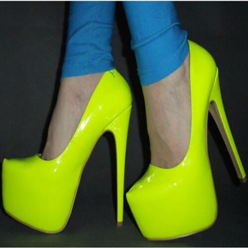 GOOGLORON Womens high heels, fashionable patent leather fabric,, 15 cm high heels, round head pump. Size: 34-45