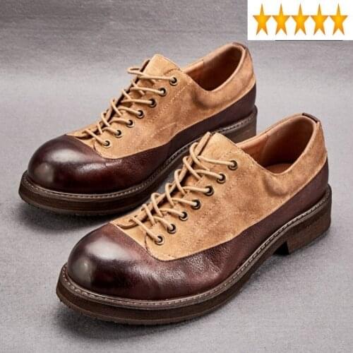 Round Work Vintage Toe Mens Genuine Leather 2021 Business Man Retro Lace Up Colors Panelled Block Heels Formal Dress Shoes