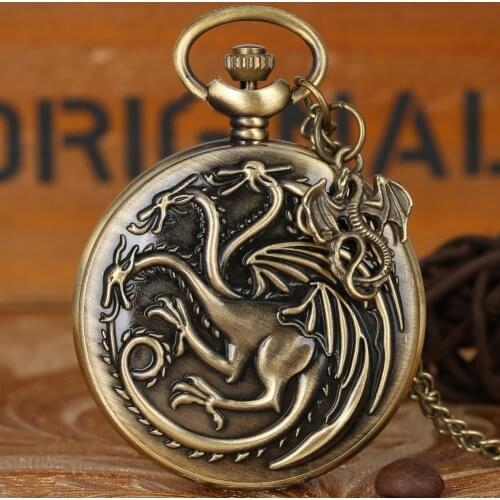 Antique Three-headed monster Design Quartz Necklace Pocket Watch Pendant Watches Souvenir Gifts Unisex Fob Clock with Accessory