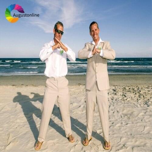 Linen Beach Wedding Men Suits Slim Fit Groom Tuxedos 2 Pieces (Jacket+Pants) Best Man Bridegroom Suits Blazer