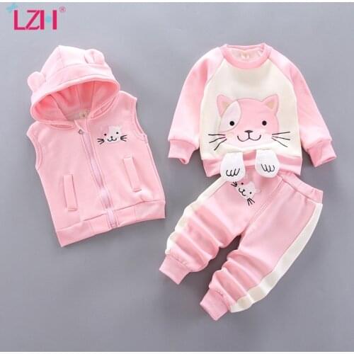 LZH 2020 Autumn Winter Cute Cartoons Cat Kids Clothes Girls Plus Velvet New Tracksuit For Children Hooded Baby Boy Set 0-4 Years