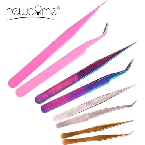 NEWCOME Individual Lashes Tweezers 100% Stainless Tweezers Eyelash Extensions Curved/Straight Steel Anti-Static Makeup Tools