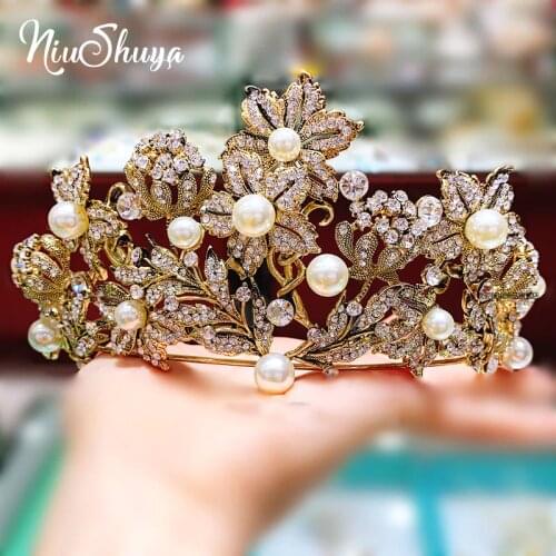 NiuShuya Baroque Bronze Gold Crystal Bridal Tiara Rhinestone Diadem Pageant Crown for Brides Headband Wedding Hair Accessori