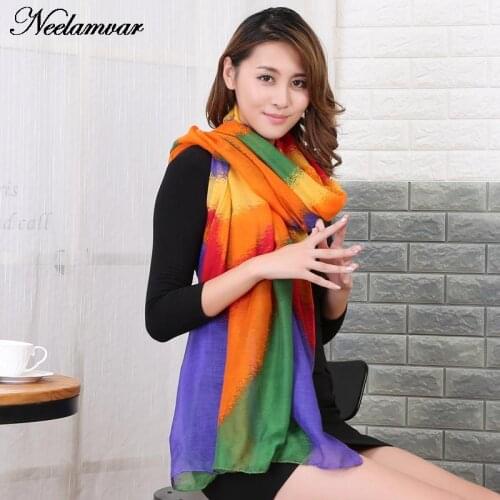 NEW Womens voile Scarves Long Striped Rainbow Print Sarongs Hijab Beach Swimsuit Cover Up Bikini Scarf Pareo bufandas