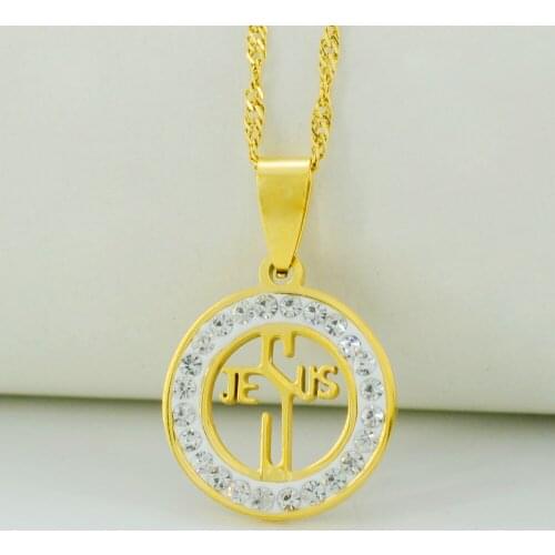 Anniyo Jesus Pendant Necklaces for Womens,Gold Color Charm Jesus Pendant Christian Jewelry Rhinestone Crucifix #002108