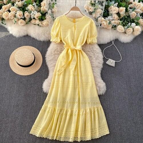 SINGREINY French Hollow Ruffles Dress Women O Neck Puff Sleeve Lace up Solid A-line Dresses Summer Elegant Streetwear Midi Dress