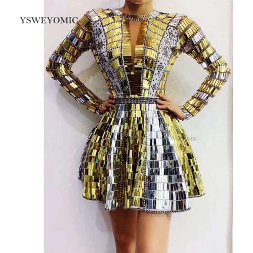 Performance Dress Silver Gold Sequins Rhinestone Backless Short Dress Prom Birthday Celebrate Outfit Women Dancer DS Show Dress