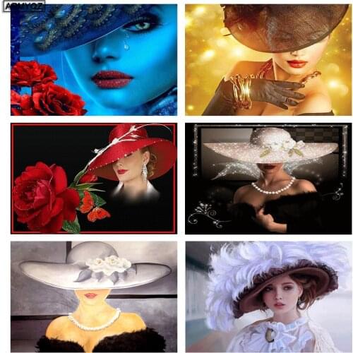 Full Diamond Embroidery Beauty in hat DIY Needlework Square Diamond Painting Cross Stitch 5D Rhinestones Mosaic Pattern woman